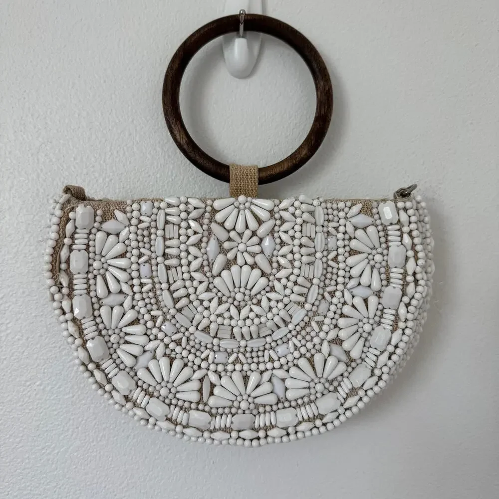ZARA White Beaded Boho Half Moon Wooden Top Handle Convertible Bag Chain Strap - Picture 9 of 10